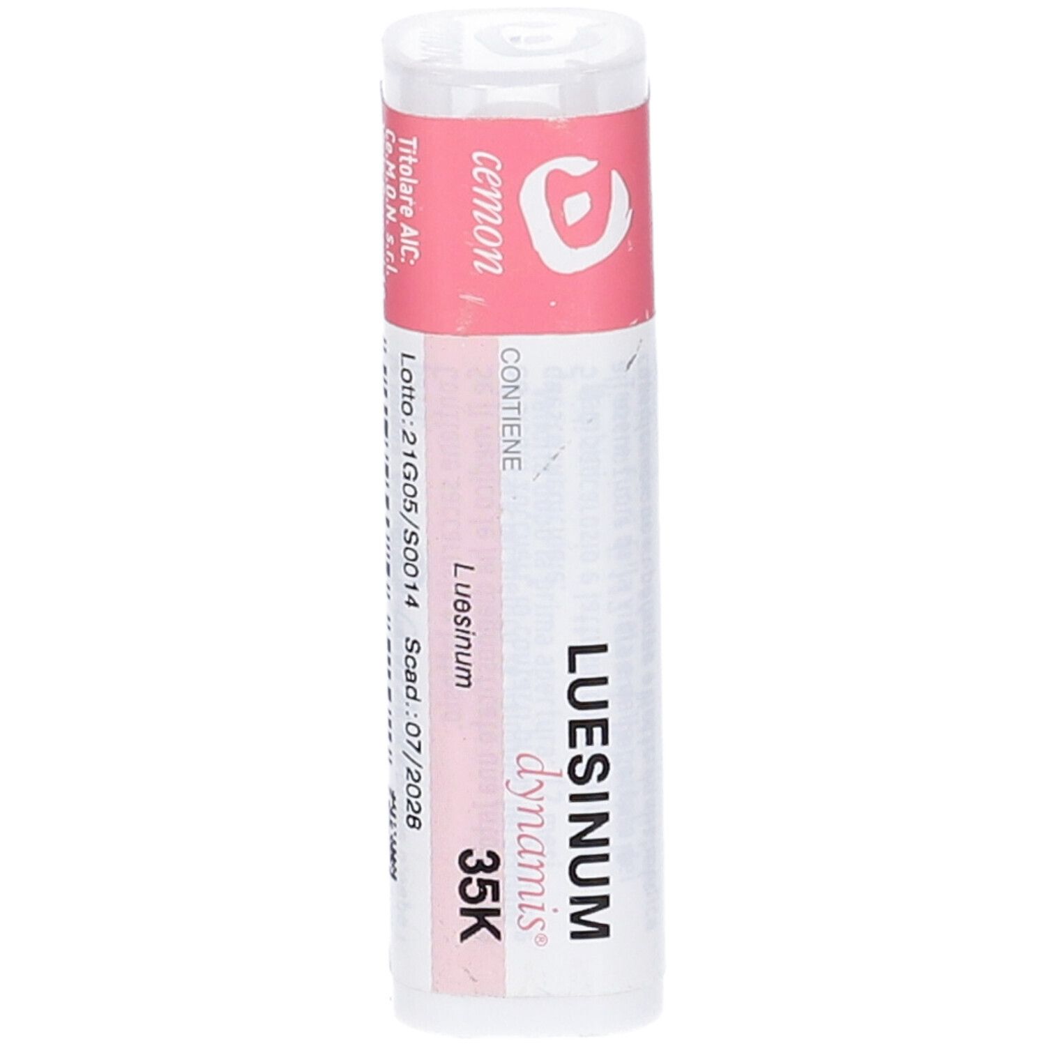 Confezione cilindrica con etichetta rosa e bianca. Scritta: Luesinum dynamis 35K, numero di lotto e scadenza.