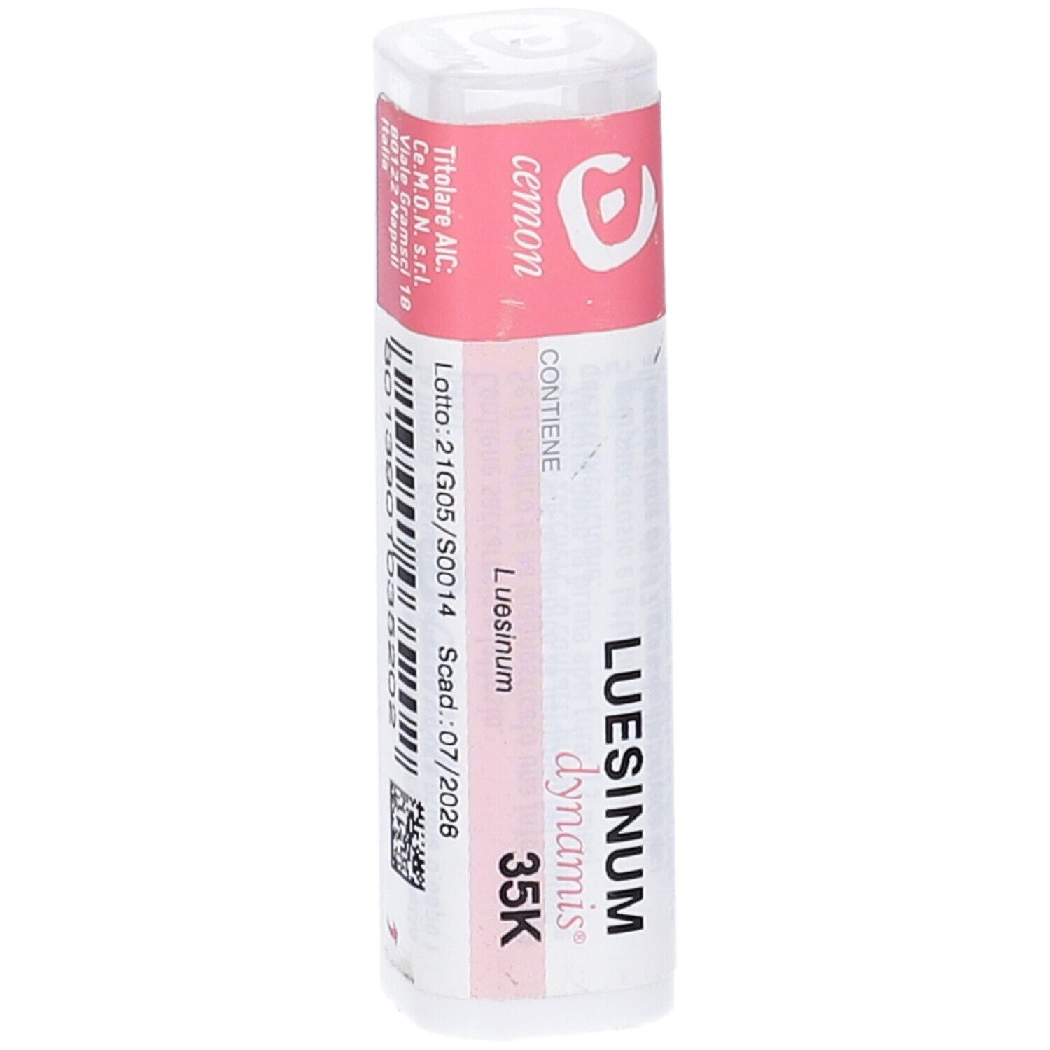 Confezione cilindrica con etichetta rosa e bianca. Scritta: Luesinum dynamis 35K, numero di lotto e scadenza.