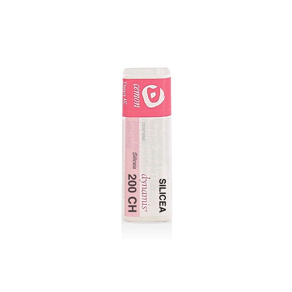 Confezione cilindrica con etichetta rosa e bianca. Scritta: Silicea 200 CH, Cemon.