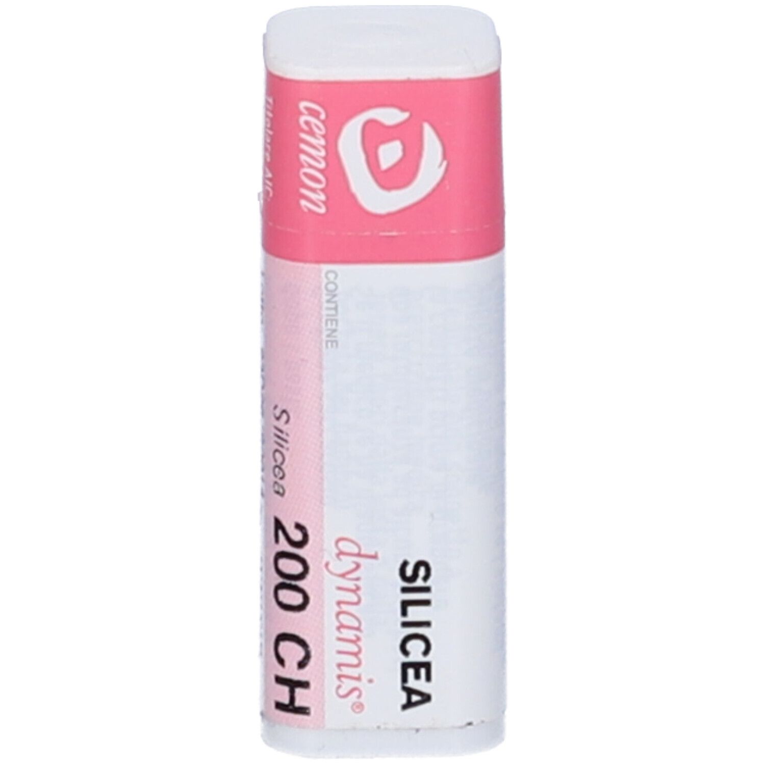 Confezione cilindrica con etichetta rosa e bianca. Scritta: Silicea 200 CH, Cemon.