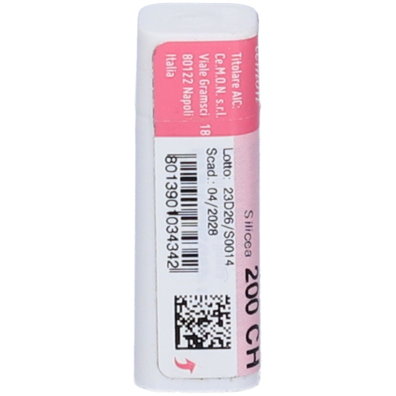 Confezione cilindrica con etichetta rosa e bianca. Scritta: Silicea 200 CH, Cemon.