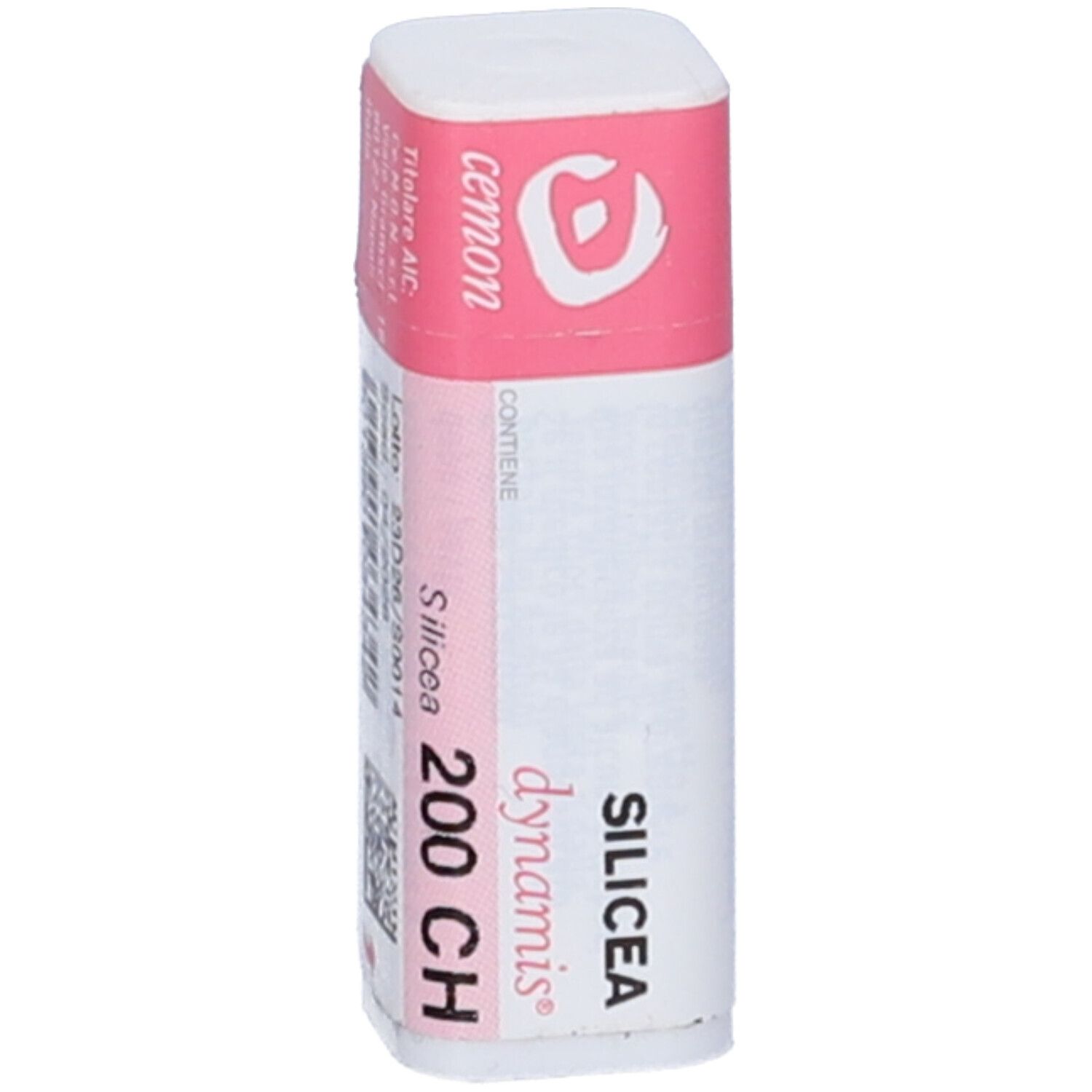 Confezione cilindrica con etichetta rosa e bianca. Scritta: Silicea 200 CH, Cemon.