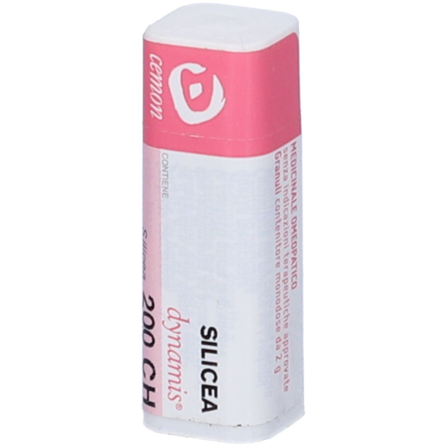 Confezione cilindrica con etichetta rosa e bianca. Scritta: Silicea 200 CH, Cemon.