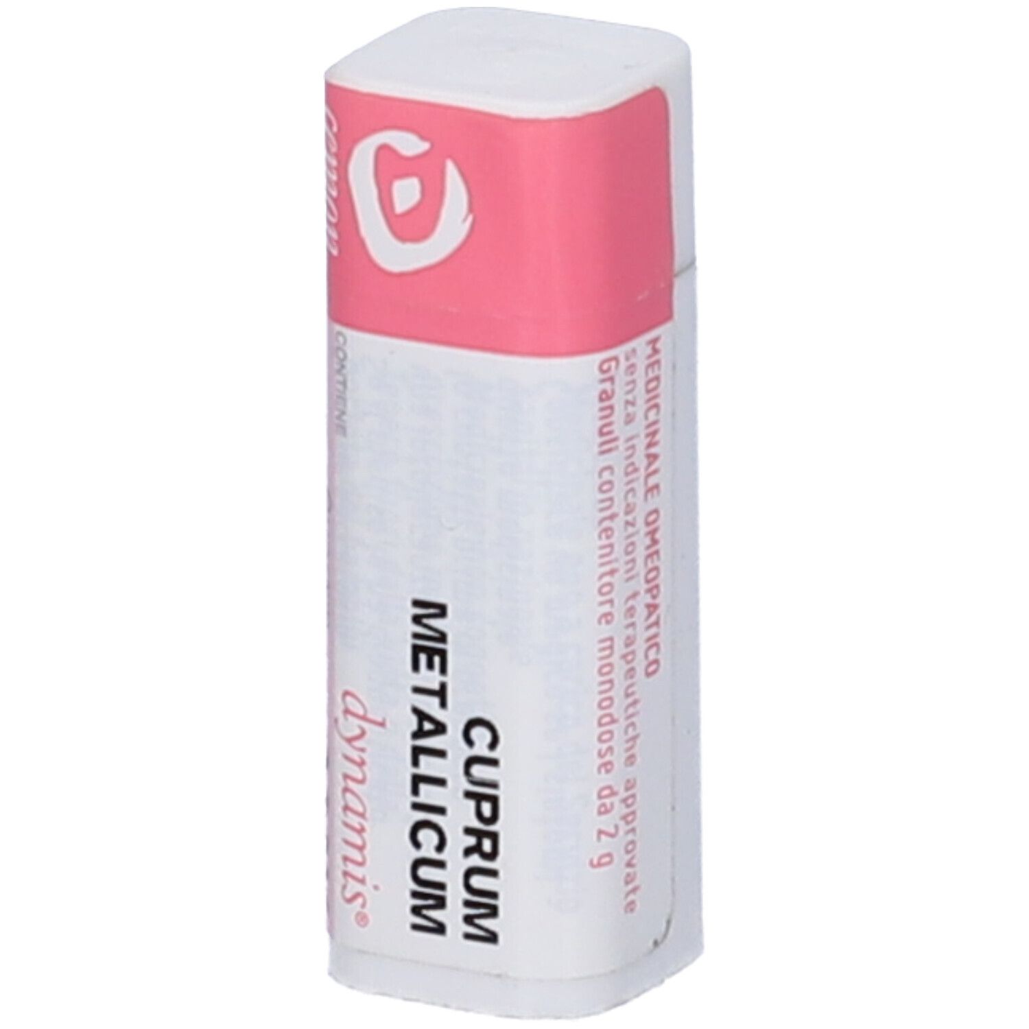 Confezione cilindrica bianca con stampa rosa. Scritte: cemon, Cuprum metallicum, dynamis 200K. Testo.