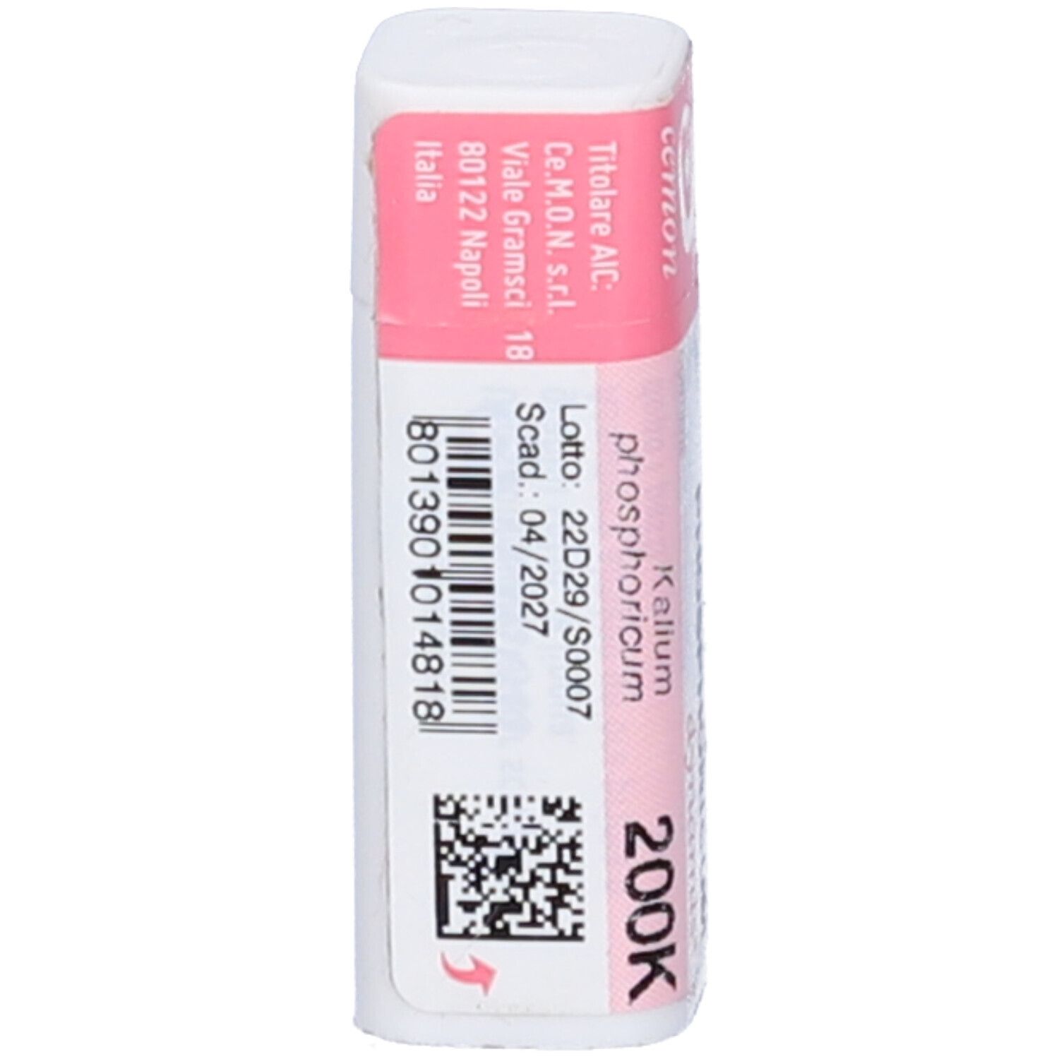 Confezione cilindrica bianca con etichetta rosa. Scritte: KALIUM PHOSPHORICUM 200K, cemon, dynamis.