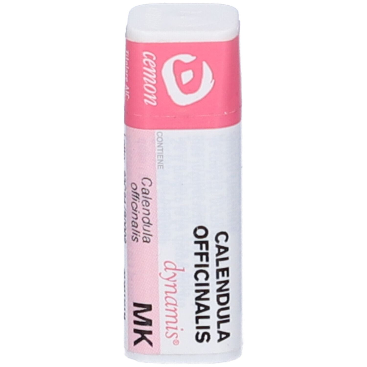 Confezione cilindrica con etichetta rosa. Visibili "Calendula Officinalis" e "MK".