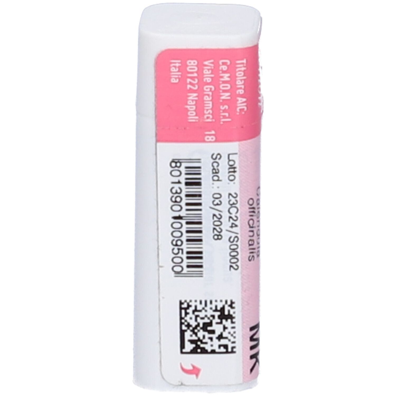 Confezione cilindrica con etichetta rosa. Testo: "Calendula Officinalis", "MK", codice a barre.