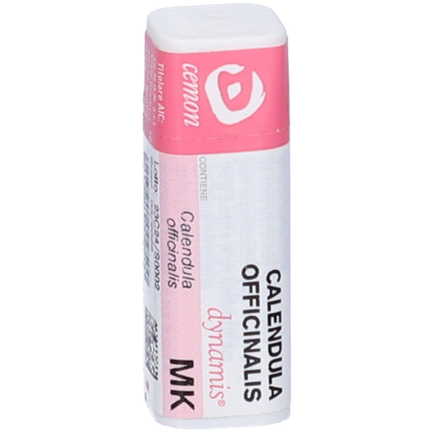 Confezione cilindrica con etichetta rosa. Visibili "Calendula Officinalis" e "MK".