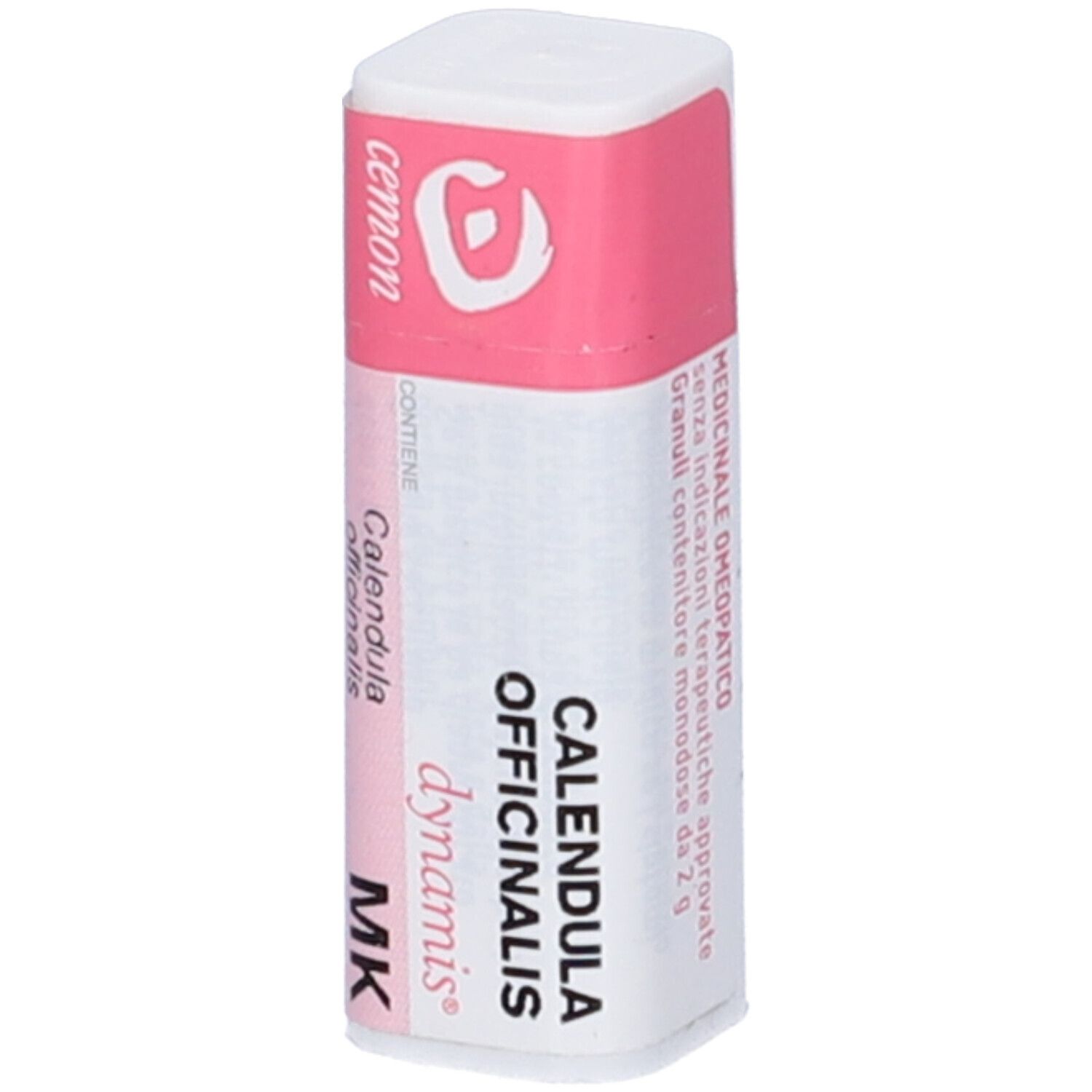 Confezione cilindrica con etichetta rosa. "Calendula Officinalis" e altri testi.