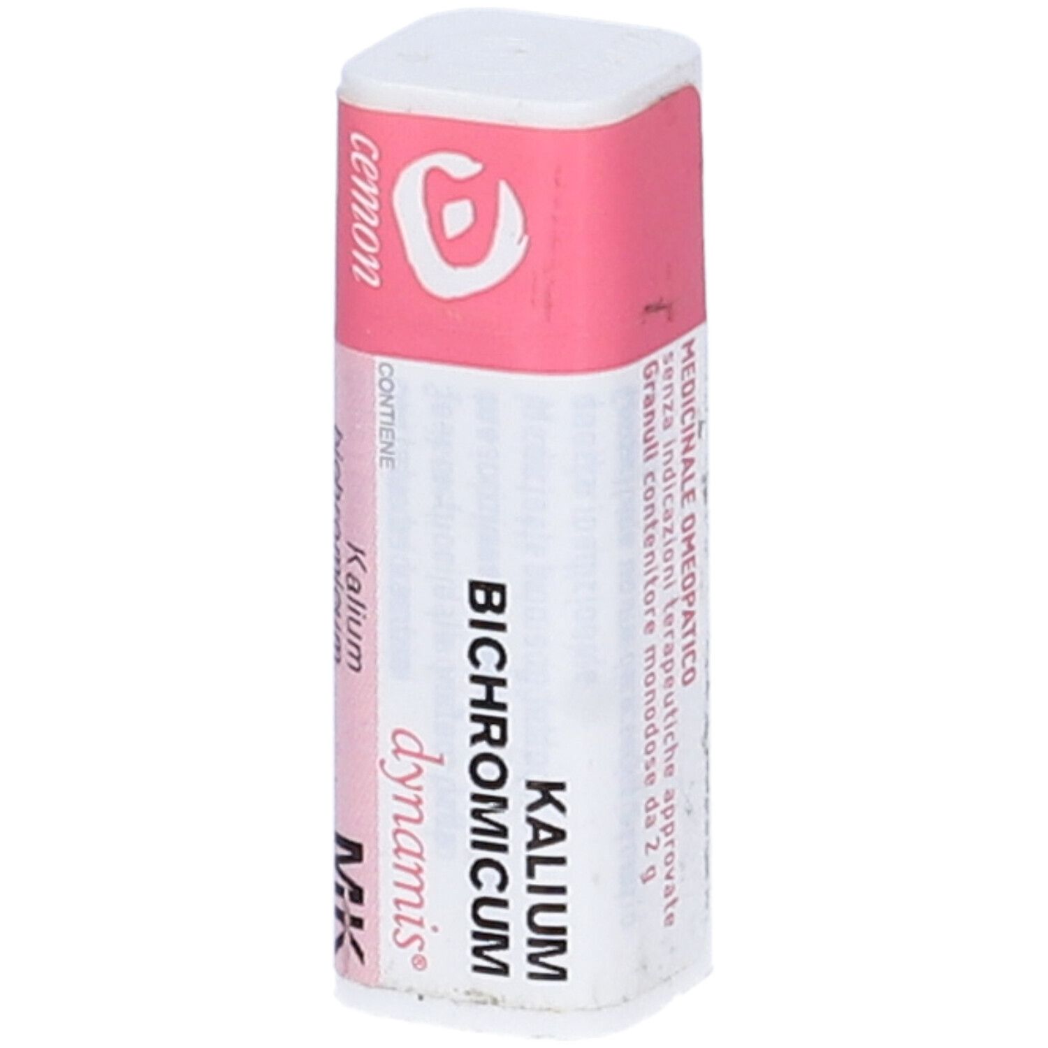 Confezione cilindrica con etichetta rosa e bianca. Scritte: Kalium Bichromicum, dynamis, MK.