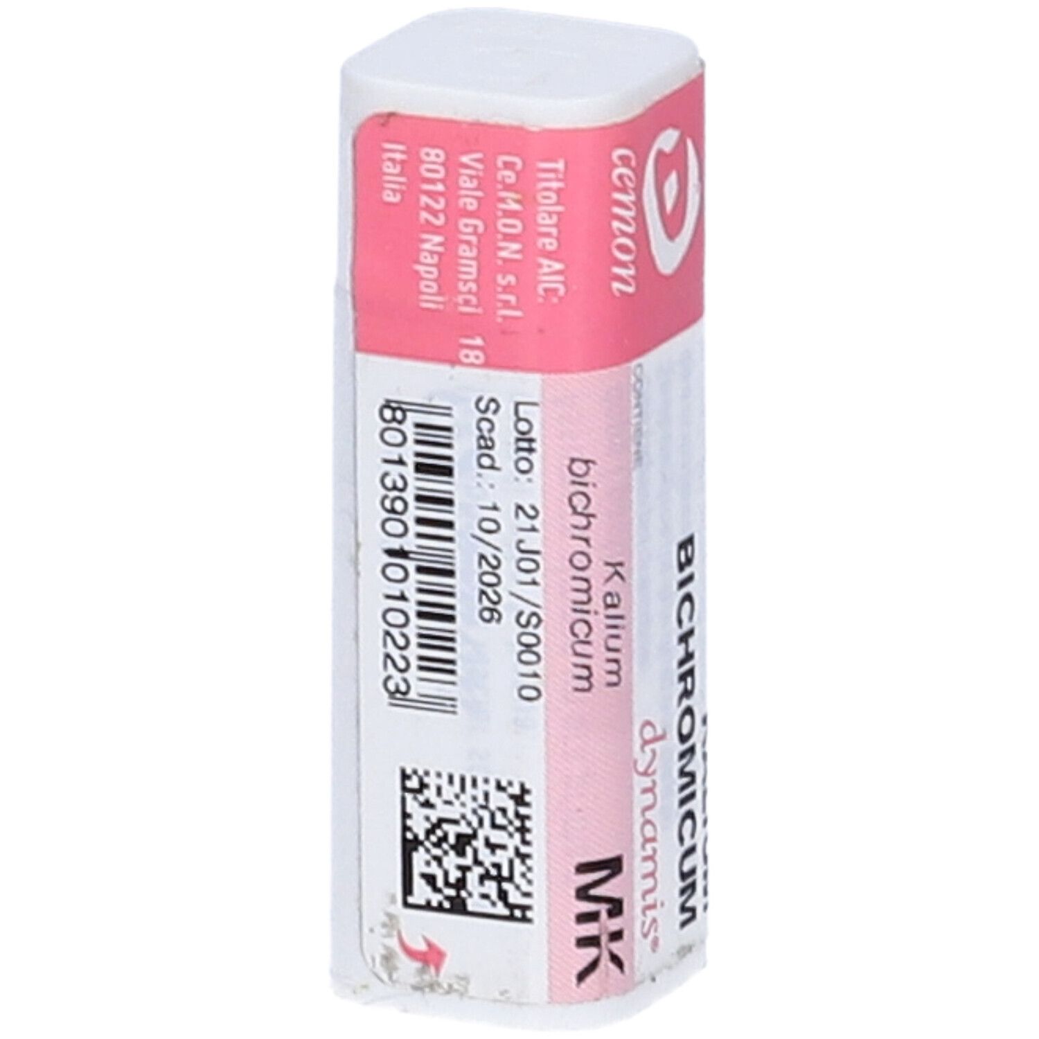 Confezione cilindrica con etichetta rosa e bianca. Scritte: Kalium Bichromicum, dynamis, MK. Codice a barre.