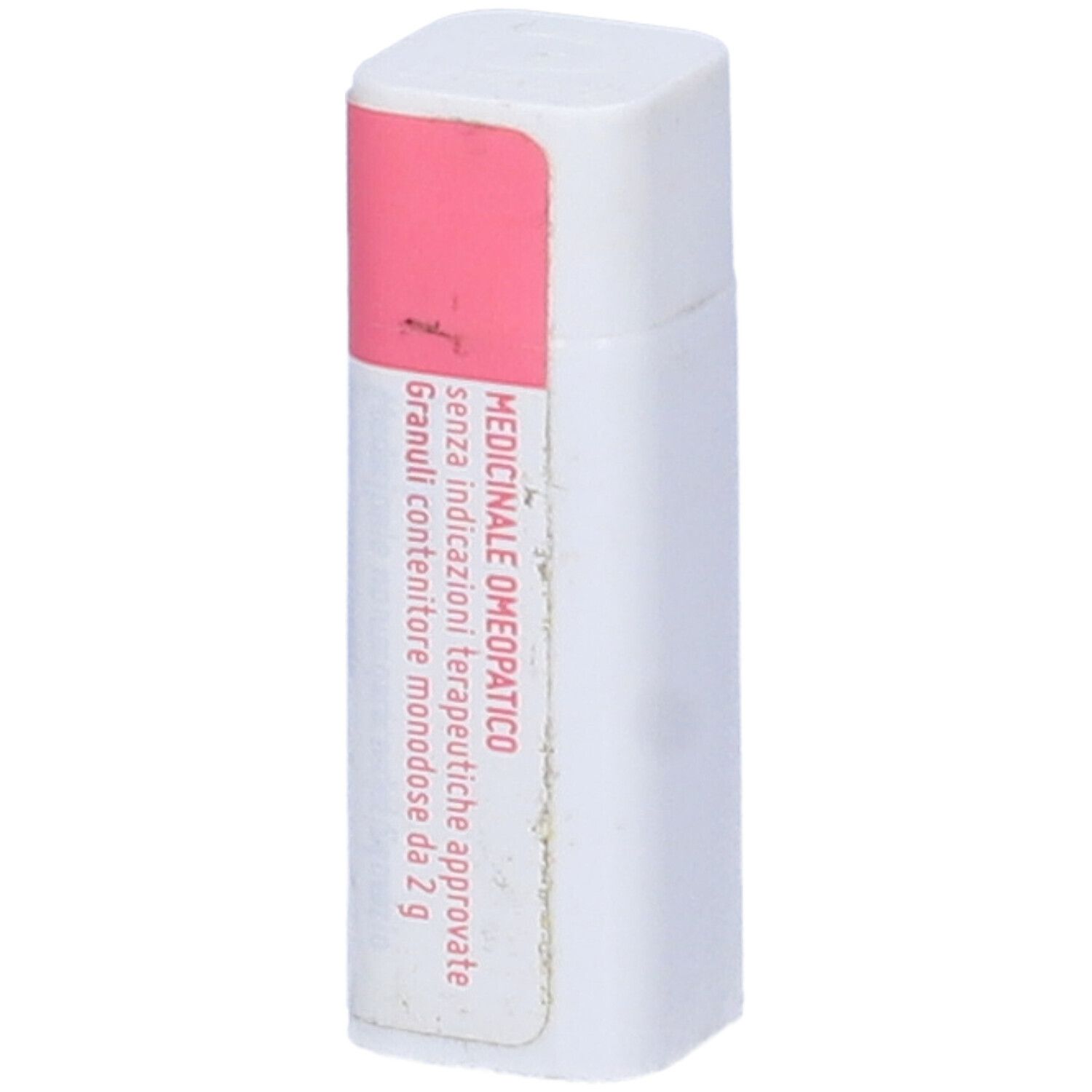 Confezione cilindrica con etichetta rosa e bianca. Testo: Medicinale omeopatico.