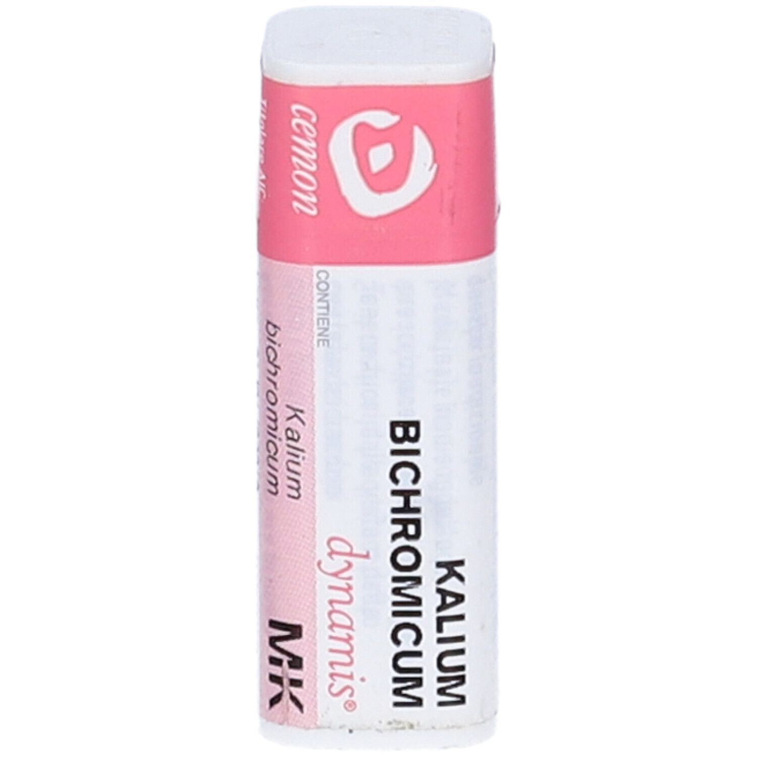 Confezione cilindrica con etichetta rosa e bianca. Scritte: Kalium Bichromicum, dynamis, MK.