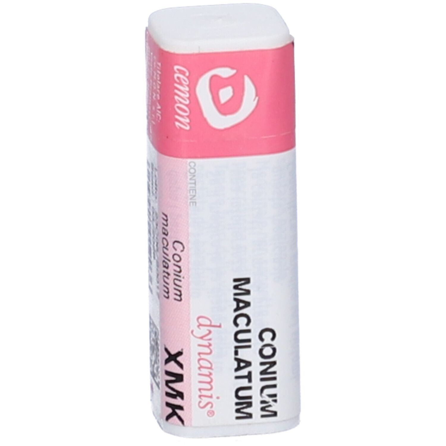 Confezione cilindrica con etichetta rosa e bianca. Scritta: Conium Maculatum, XMK, dynamis, cemon.