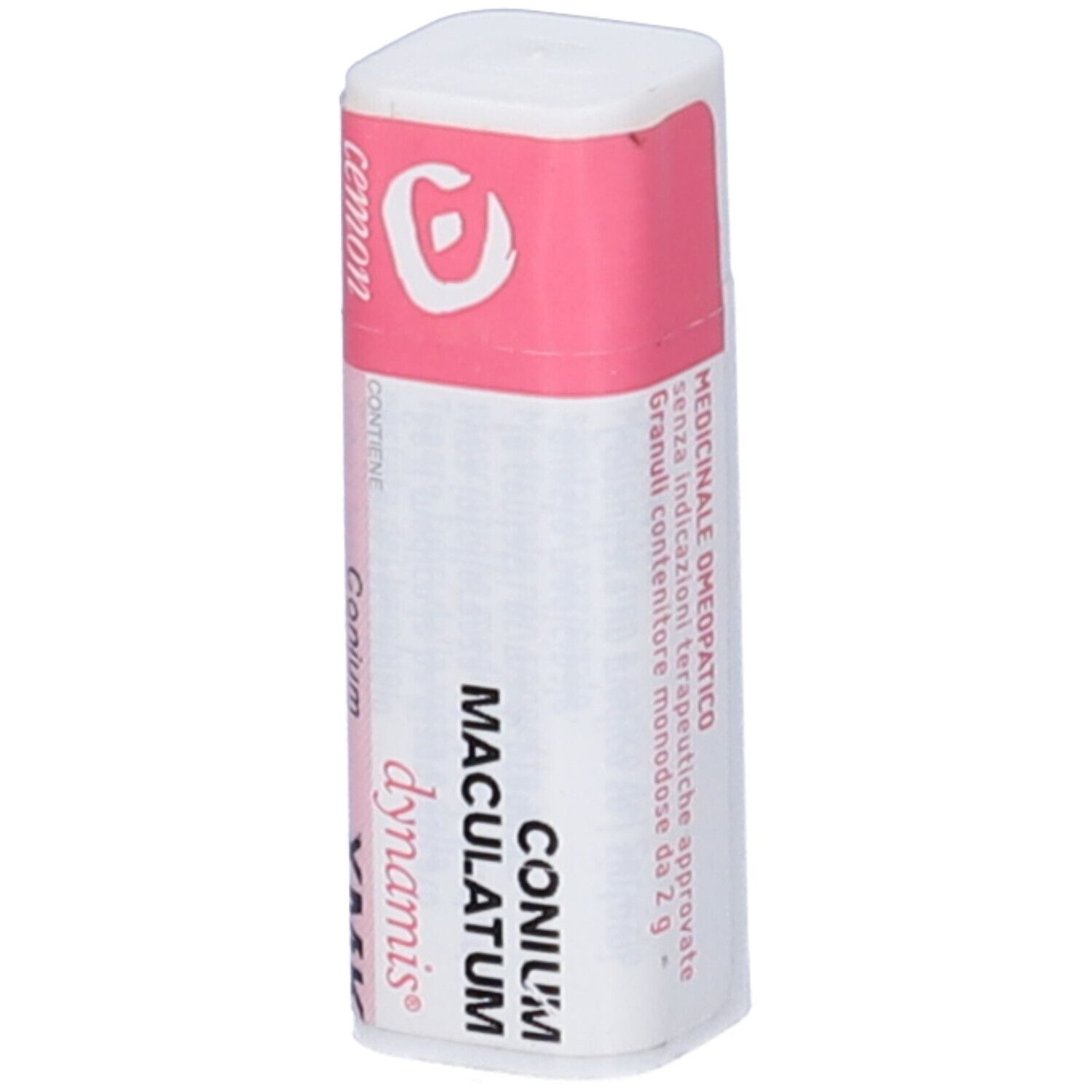Confezione cilindrica con etichetta rosa e bianca. Scritta: Conium Maculatum, XMK, dynamis, cemon.
