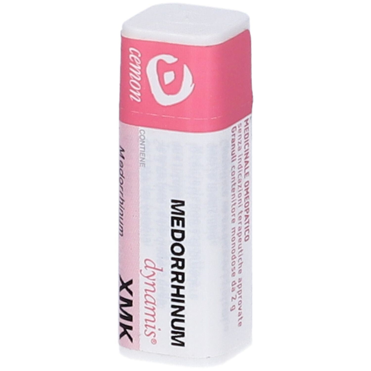 Confezione rettangolare con etichetta rosa. Scritte: Medorrhinum XMK, dynamis, cemon, e altre informazioni testuali.