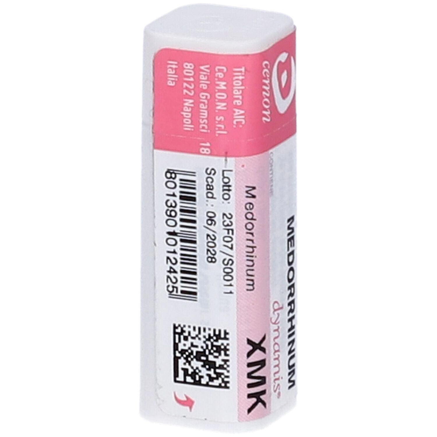 Confezione rettangolare con etichetta rosa. Scritte: Medorrhinum XMK, dynamis, cemon, e altre informazioni testuali, codice QR.