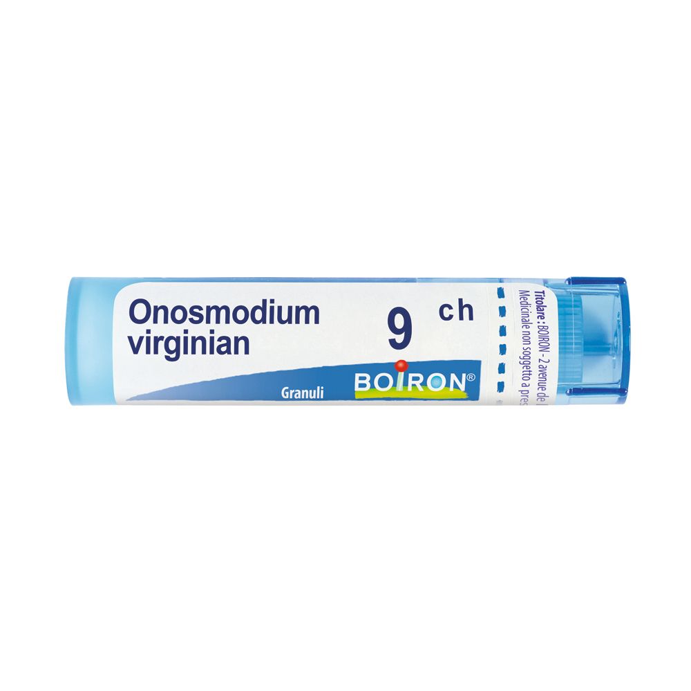 Tubo blu e bianco con granuli. Scritta: Onosmodium virginian, 9 ch, Boiron. Confezione del prodotto.