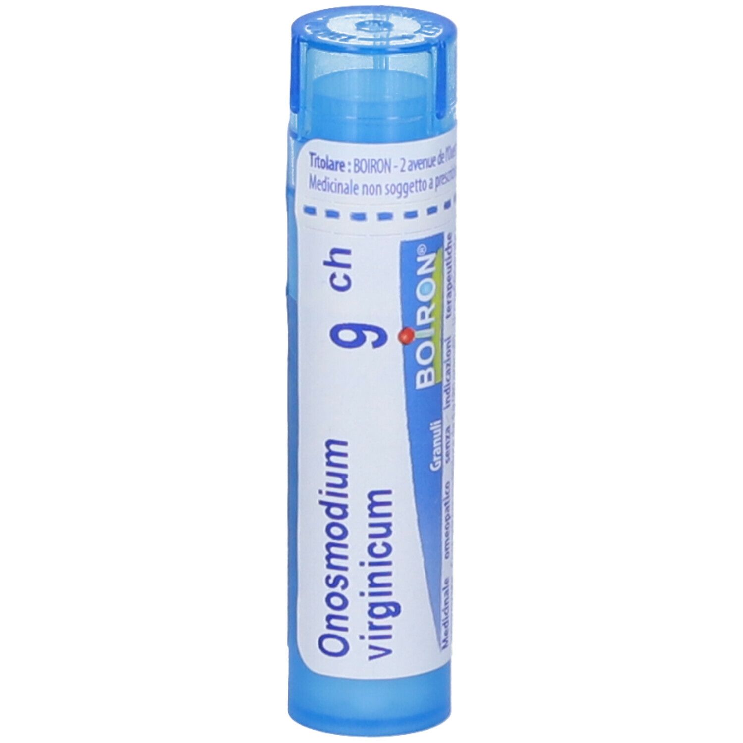 Tubo blu con granuli. Scritta: Onosmodium virginicum, 9 ch, Boiron. Confezione del prodotto.