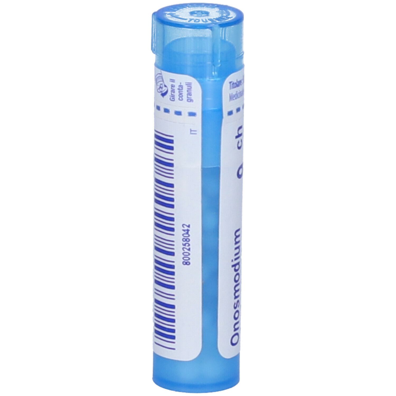 Tubo blu con granuli. Scritta: Onosmodium, 9 ch. Confezione del prodotto.