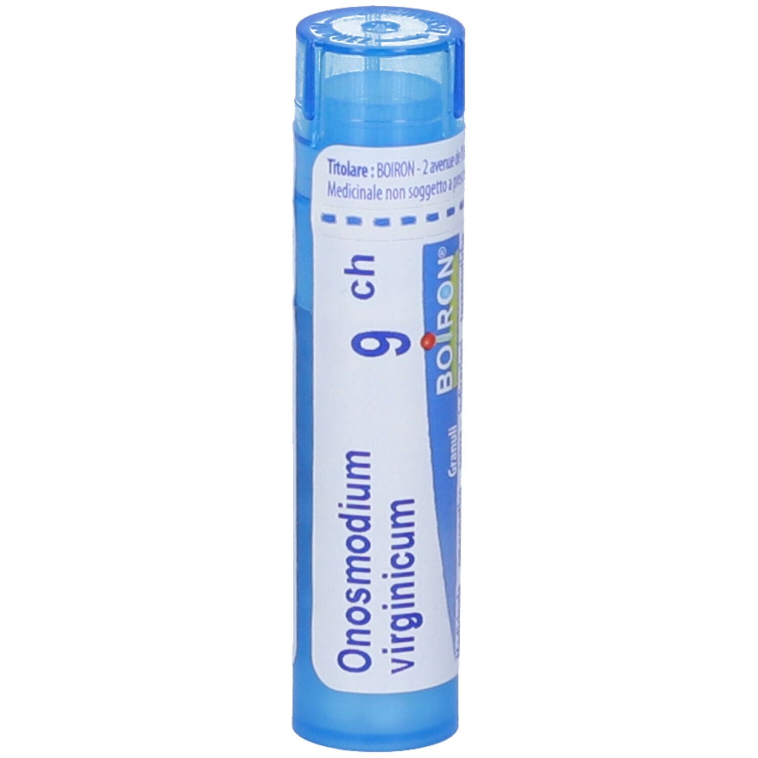 Tubo blu con granuli. Scritta: Onosmodium virginicum, 9 ch, Boiron. Confezione del prodotto.