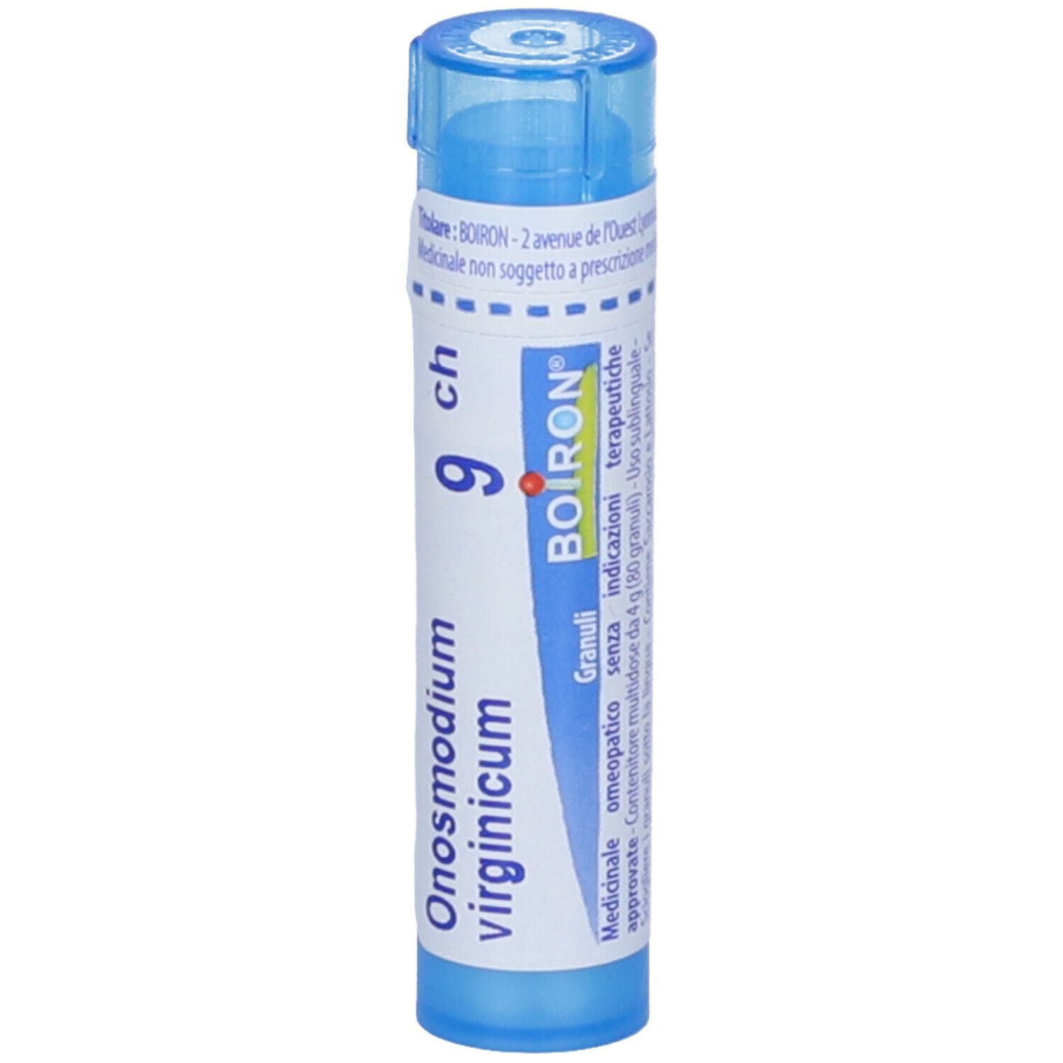Tubo blu con granuli. Scritta: Onosmodium virginicum, 9 ch, Boiron. Confezione del prodotto.