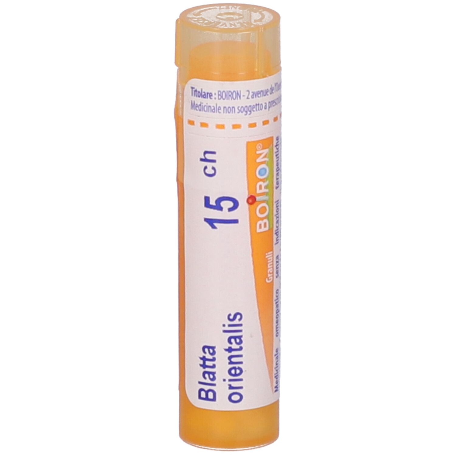 Confezione cilindrica di granuli BOIRON®. Scritta: Blatta orientalis, 15 ch, Granuli. Colore giallo-arancio.