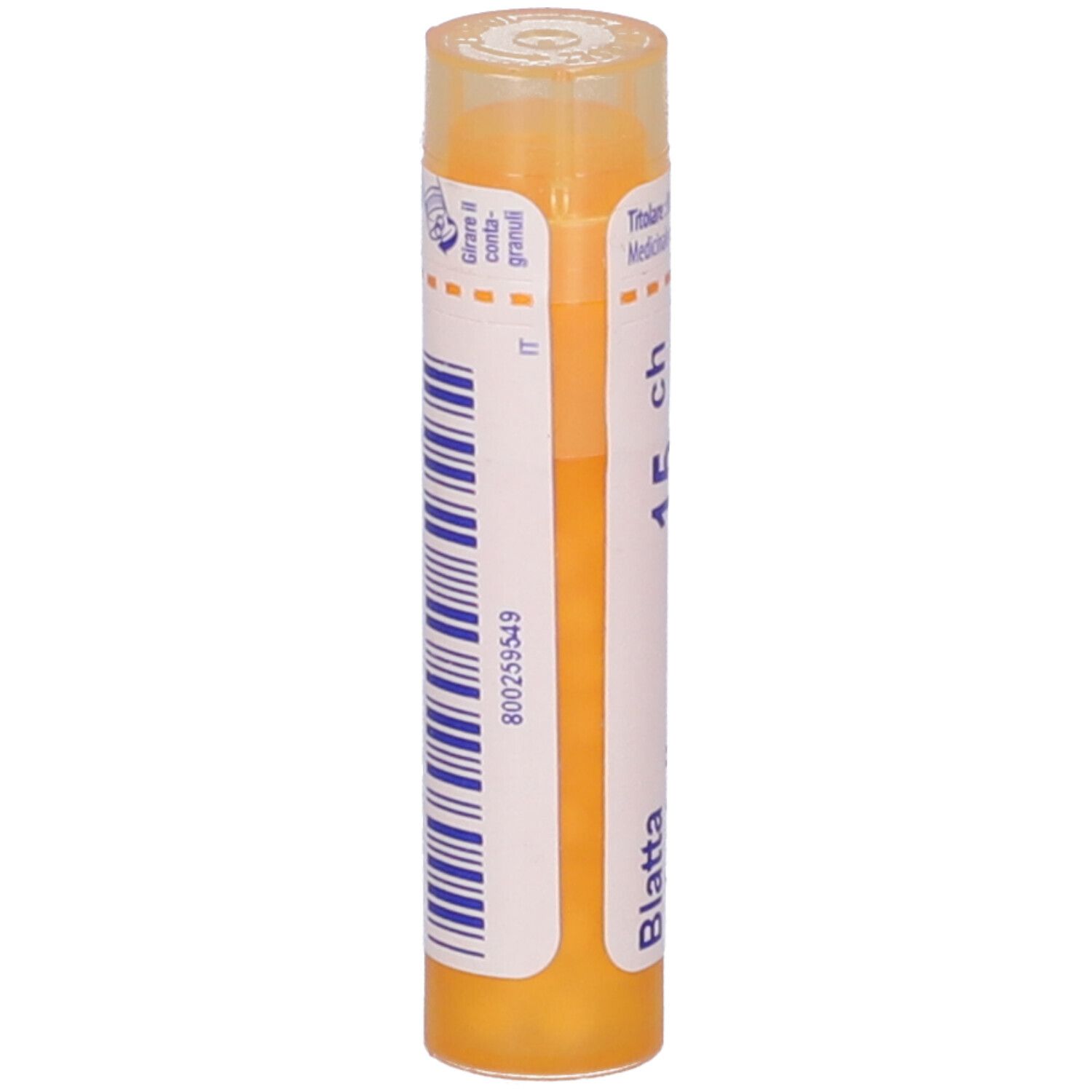 Confezione cilindrica di granuli BOIRON®. Scritta: Blatta orientalis, 15 ch, Granuli. Colore giallo-arancio.