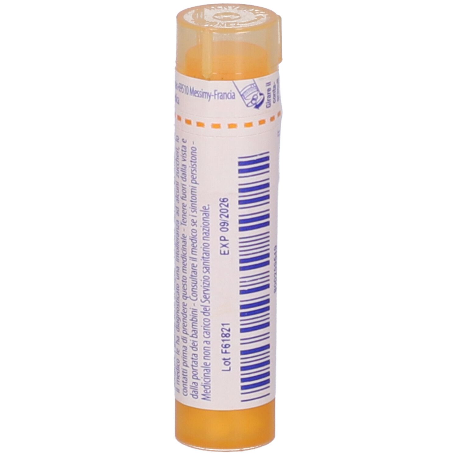 Confezione cilindrica di granuli BOIRON®. Scritta: Blatta orientalis, 15 ch, Granuli. Colore giallo-arancio.