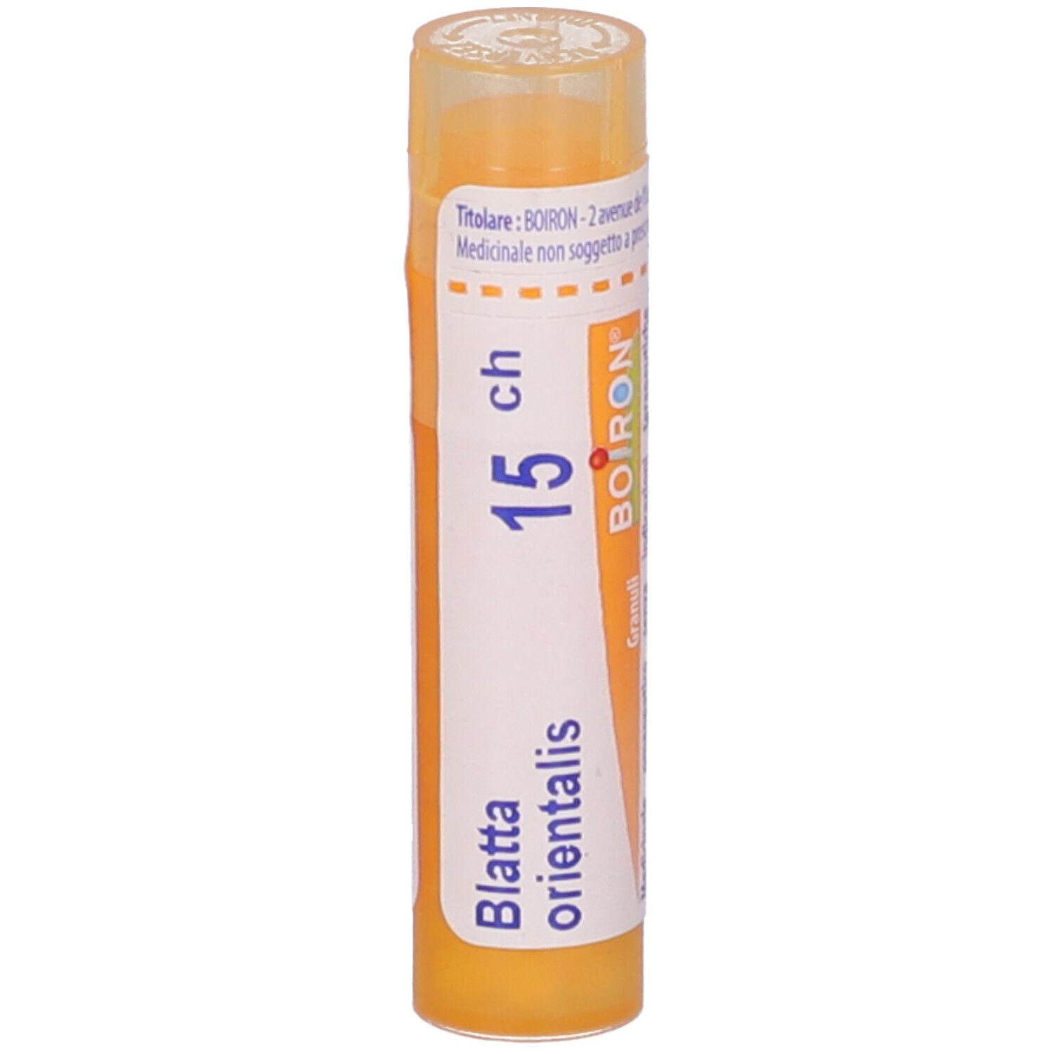 Confezione cilindrica di granuli BOIRON®. Scritta: Blatta orientalis, 15 ch, Granuli. Colore giallo-arancio.