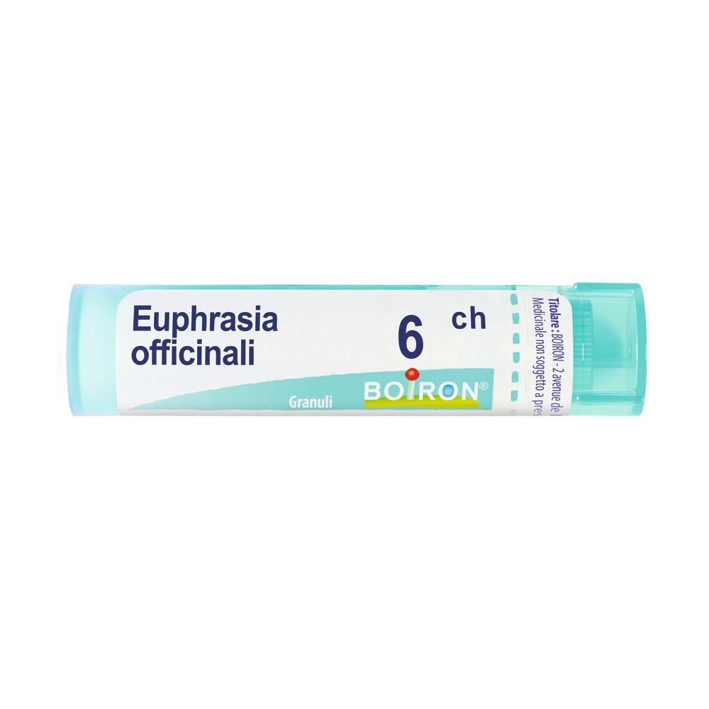 Tubo cilindrico con tappo blu. Scritta: Euphrasia officinalis, 6 ch, BOIRON. Granuli.
