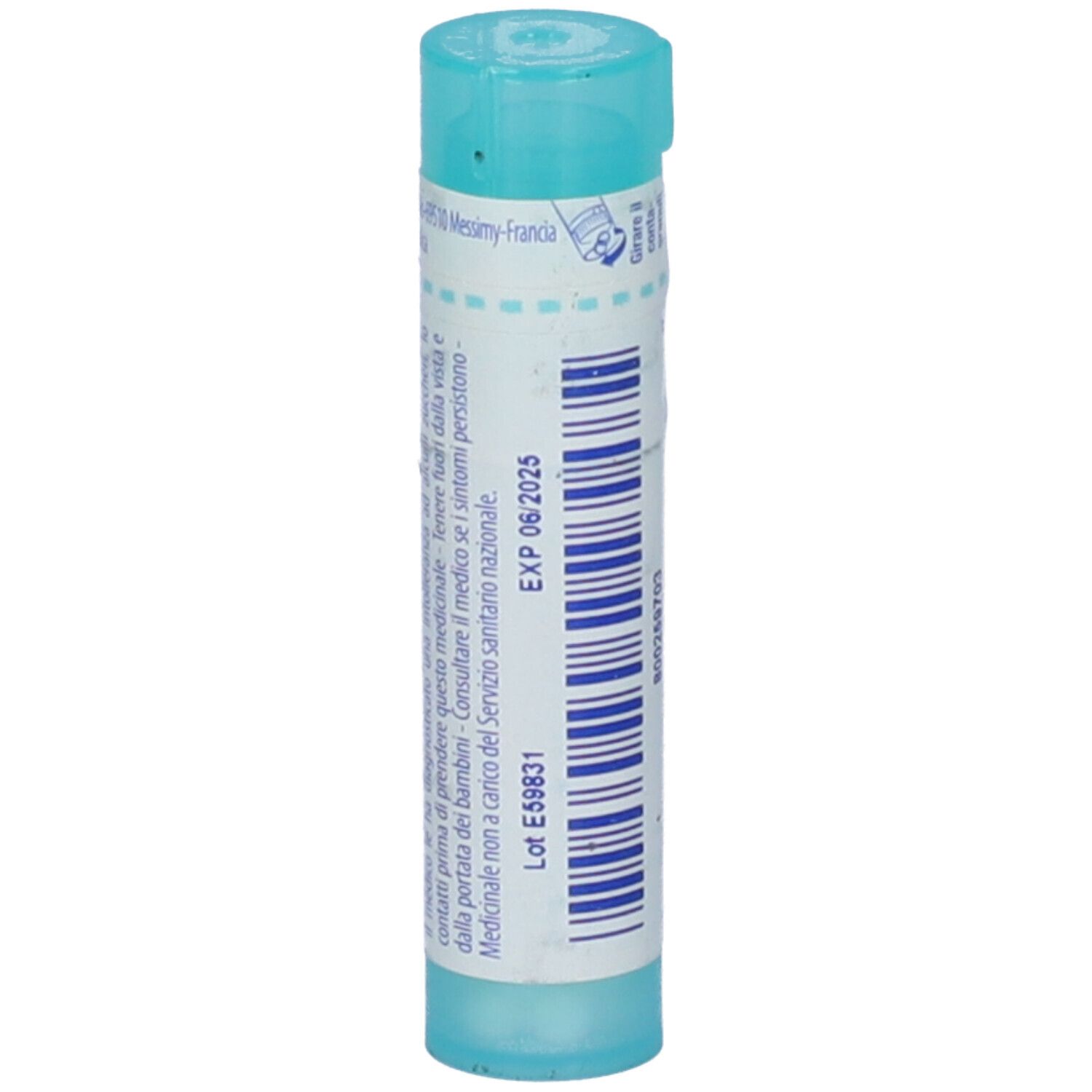 Tubo cilindrico blu. Scritta: EXP 06/2025. Lot E59831. Testo in italiano.