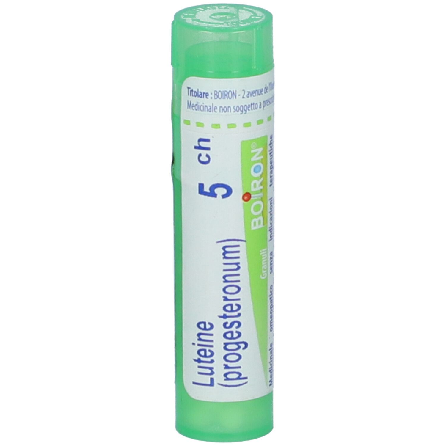 Tubo verde con etichetta bianca. Scritta: Luteine (progesteronum) 5 ch, BOIRON.