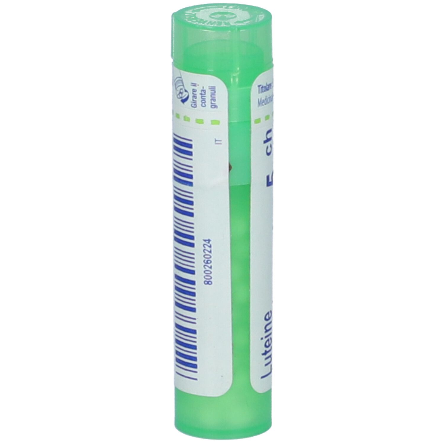 Tubo verde con etichetta bianca. Scritta: Luteine (progesteronum) 5 ch, BOIRON.