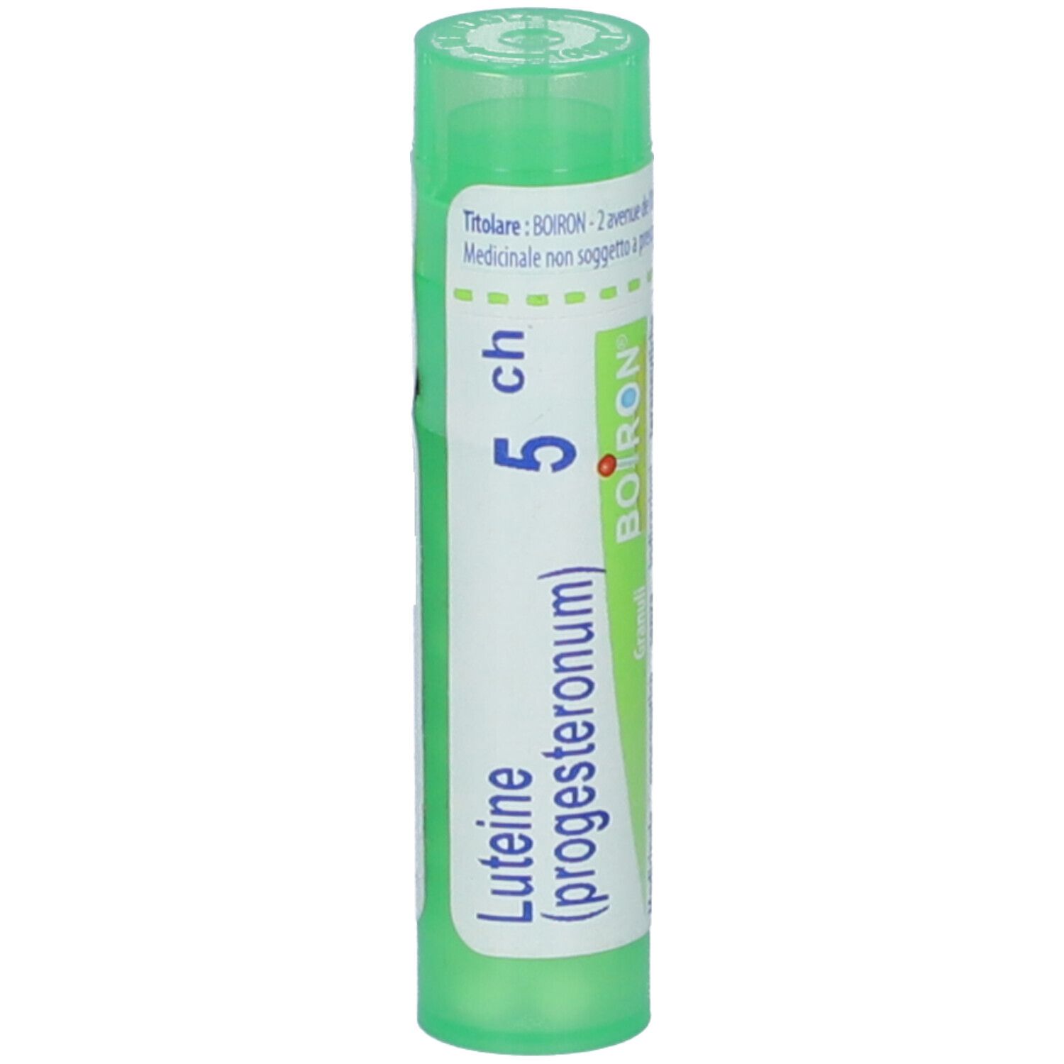 Tubo verde con etichetta bianca. Scritta: Luteine (progesteronum) 5 ch, BOIRON.