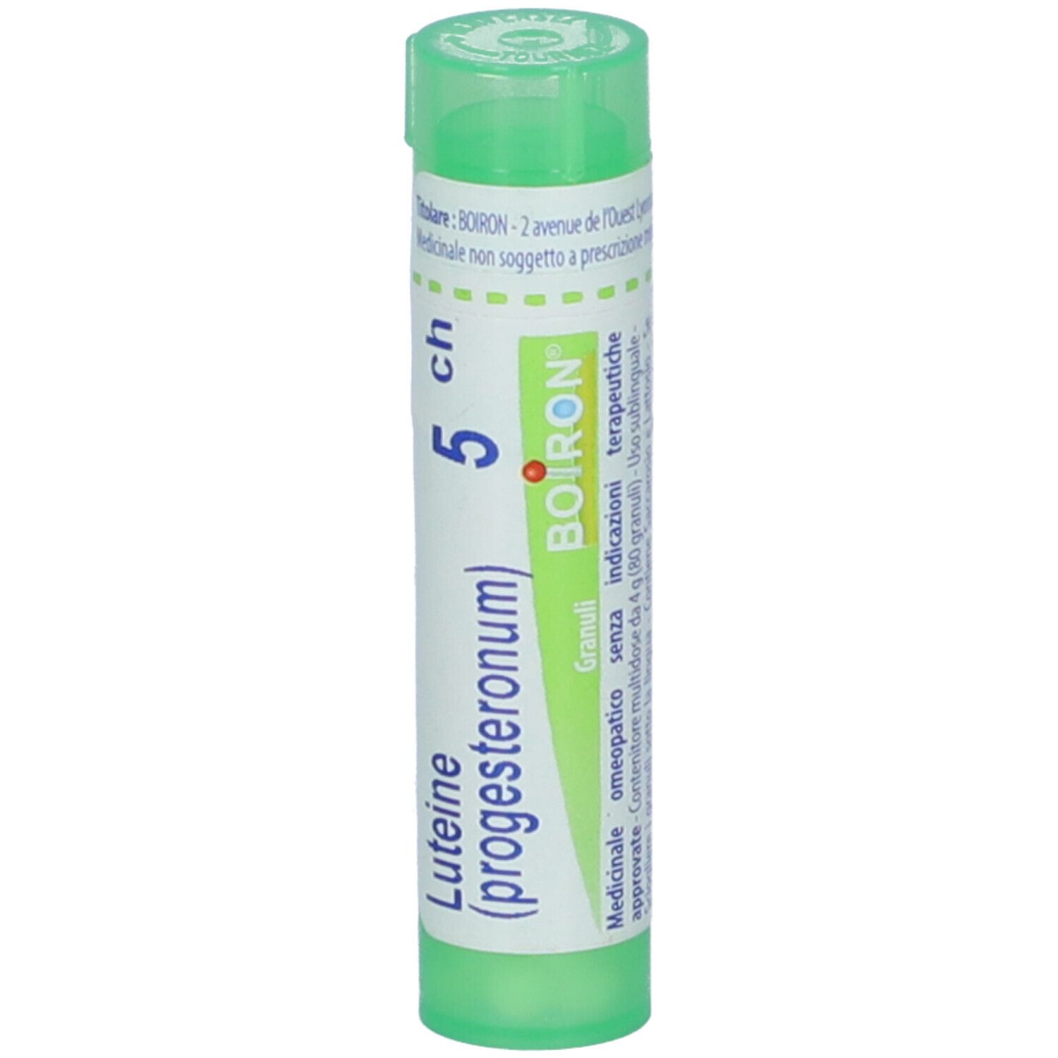 Tubo verde con etichetta bianca. Scritta: Luteine (progesteronum) 5 ch Granuli, BOIRON.