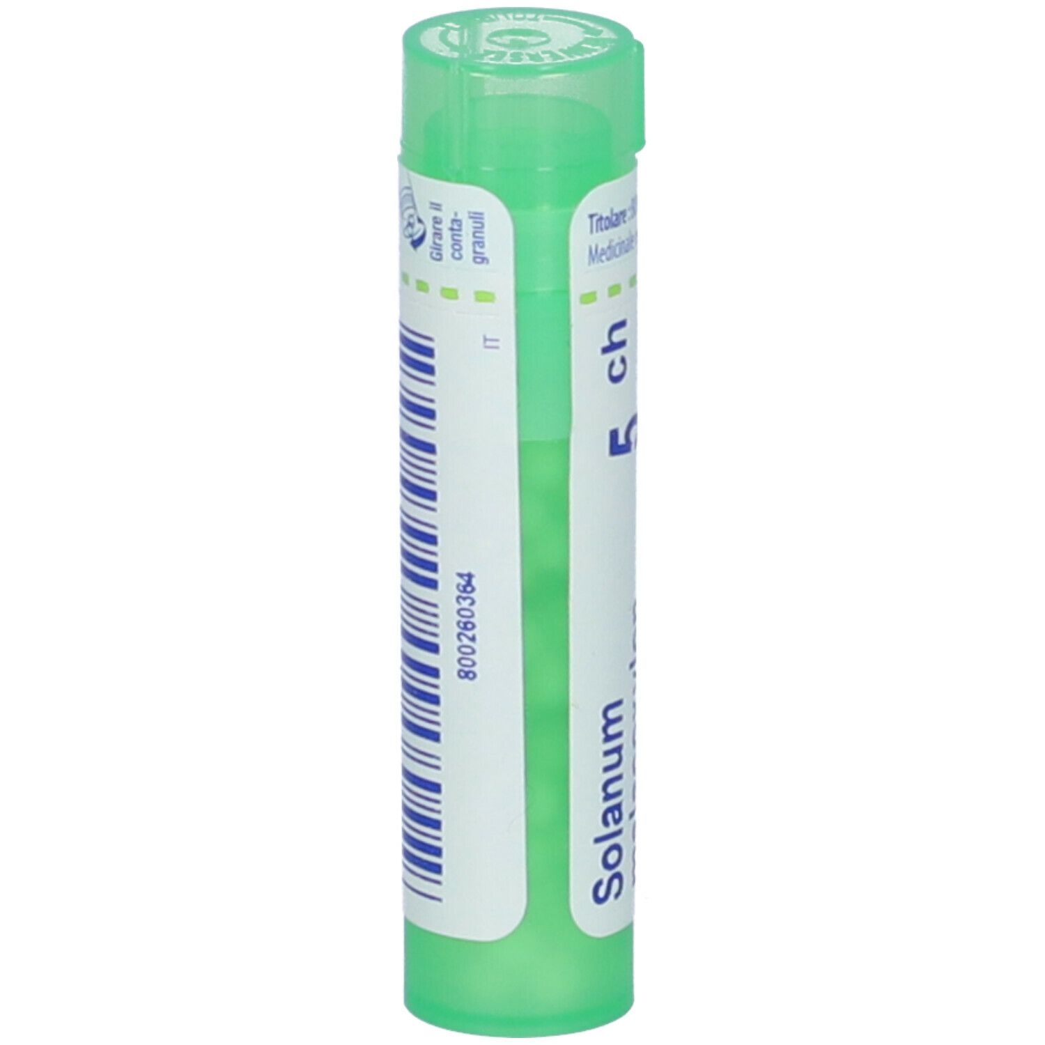 Confezione cilindrica verde. Codice a barre e scritta: 800260364. Medicinale.
