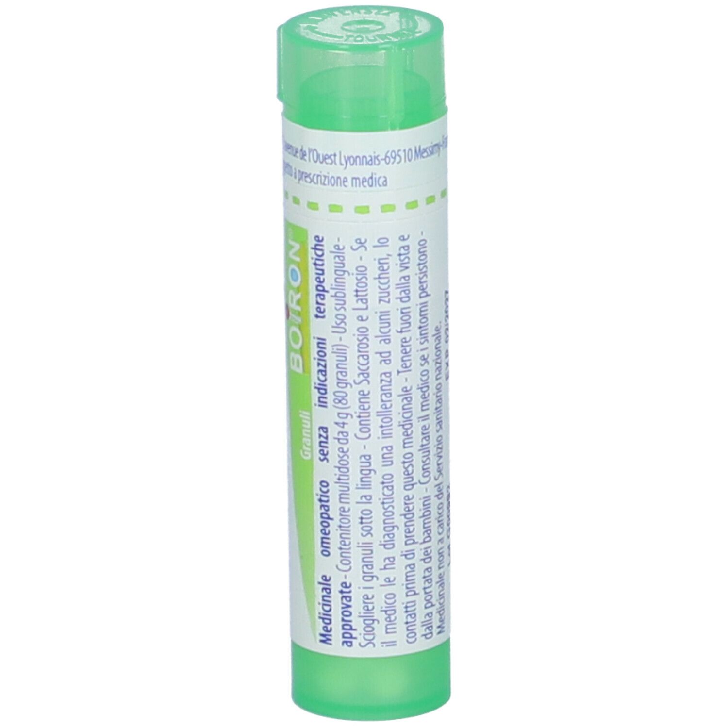 Confezione cilindrica verde. Scritta: Boiron. Medicinale. Granuli. Indicazioni.