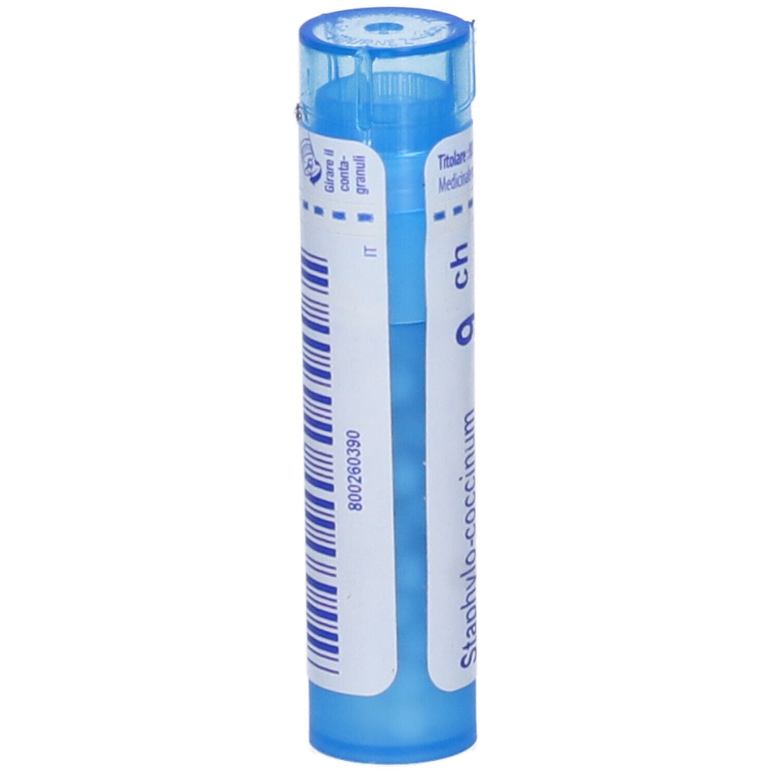 Confezione cilindrica blu. Scritta: Staphylococcinum 9 ch. Adesivo con codice e IT.