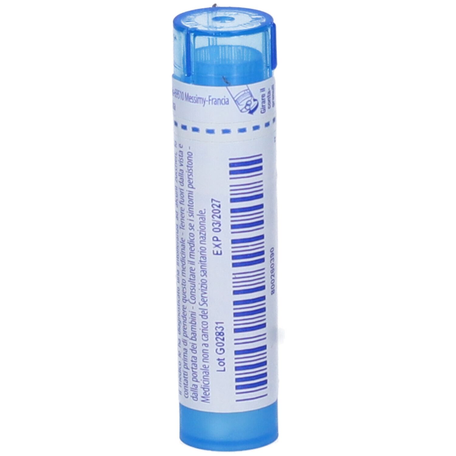 Confezione cilindrica blu. Scritta: Staphylococcinum 9 ch. Adesivo con data di scadenza.