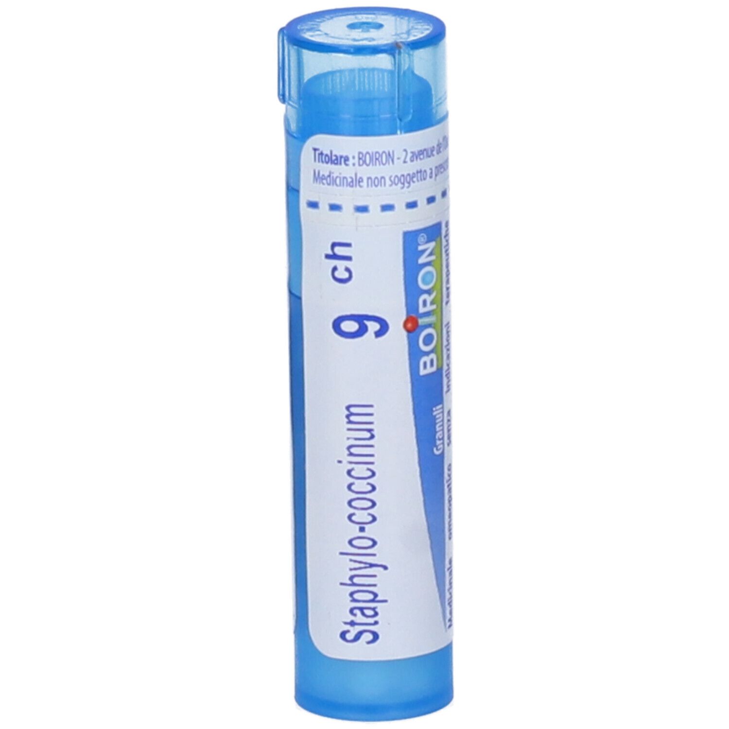 Confezione cilindrica blu. Scritta: Staphylococcinum 9 ch, BOIRON. Granuli.