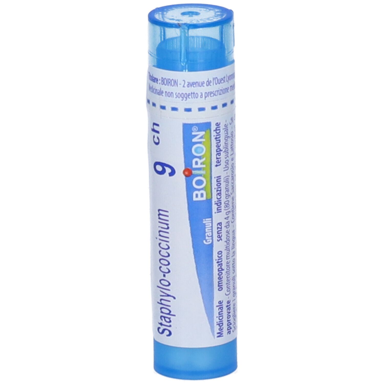 Confezione cilindrica blu. Scritta: Staphylococcinum 9 ch, BOIRON. Granuli, omeopatici.