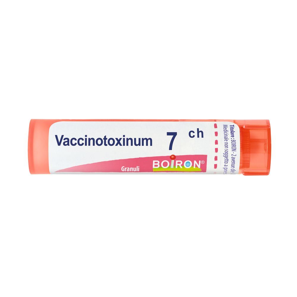 Confezione cilindrica con scritta Vaccinotoxinum 7 ch, Granuli e logo BOIRON. Tappo arancione.