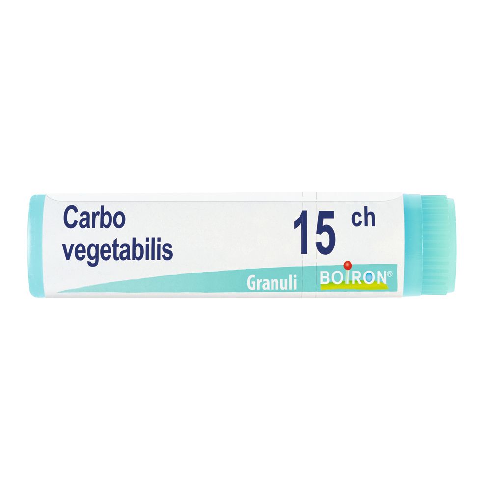 Confezione cilindrica con scritta 'Carbo vegetabilis 15 ch'. Marchio BOIRON. Turchese e bianco.