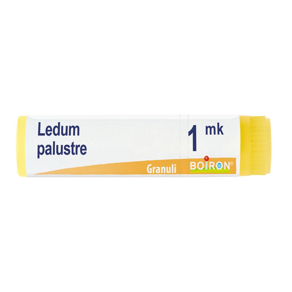 Confezione cilindrica con tappo giallo. Scritta: Ledum palustre, 1 mk, BOIRON, Granuli.