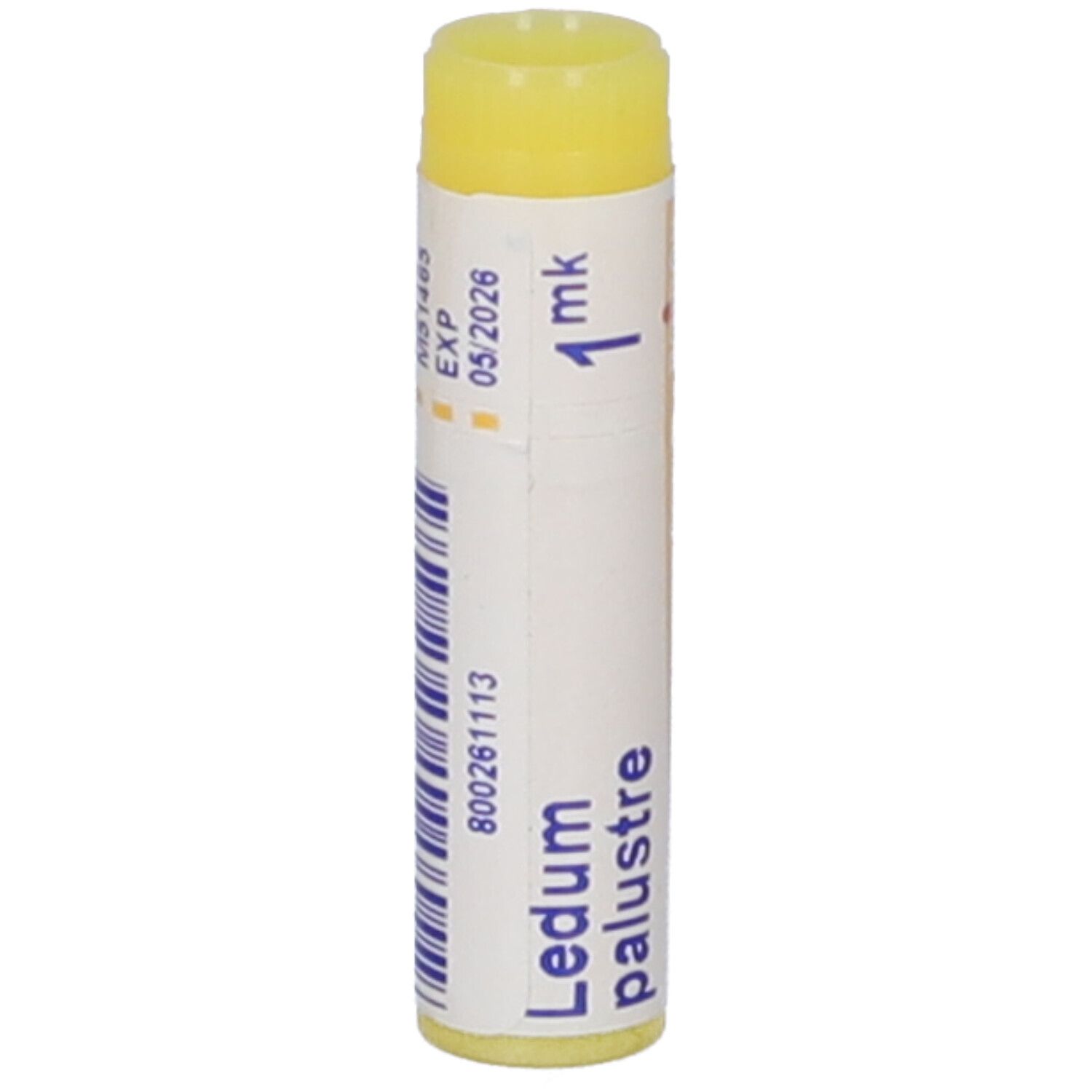 Confezione cilindrica con tappo giallo. Scritta: Ledum palustre, 1 mk, EXP 05/2026, codice a barre.