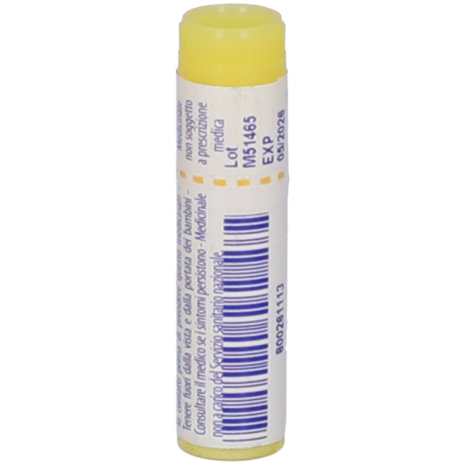Confezione cilindrica con tappo giallo. Scritta: Ledum palustre, EXP 05/2028, codice a barre.