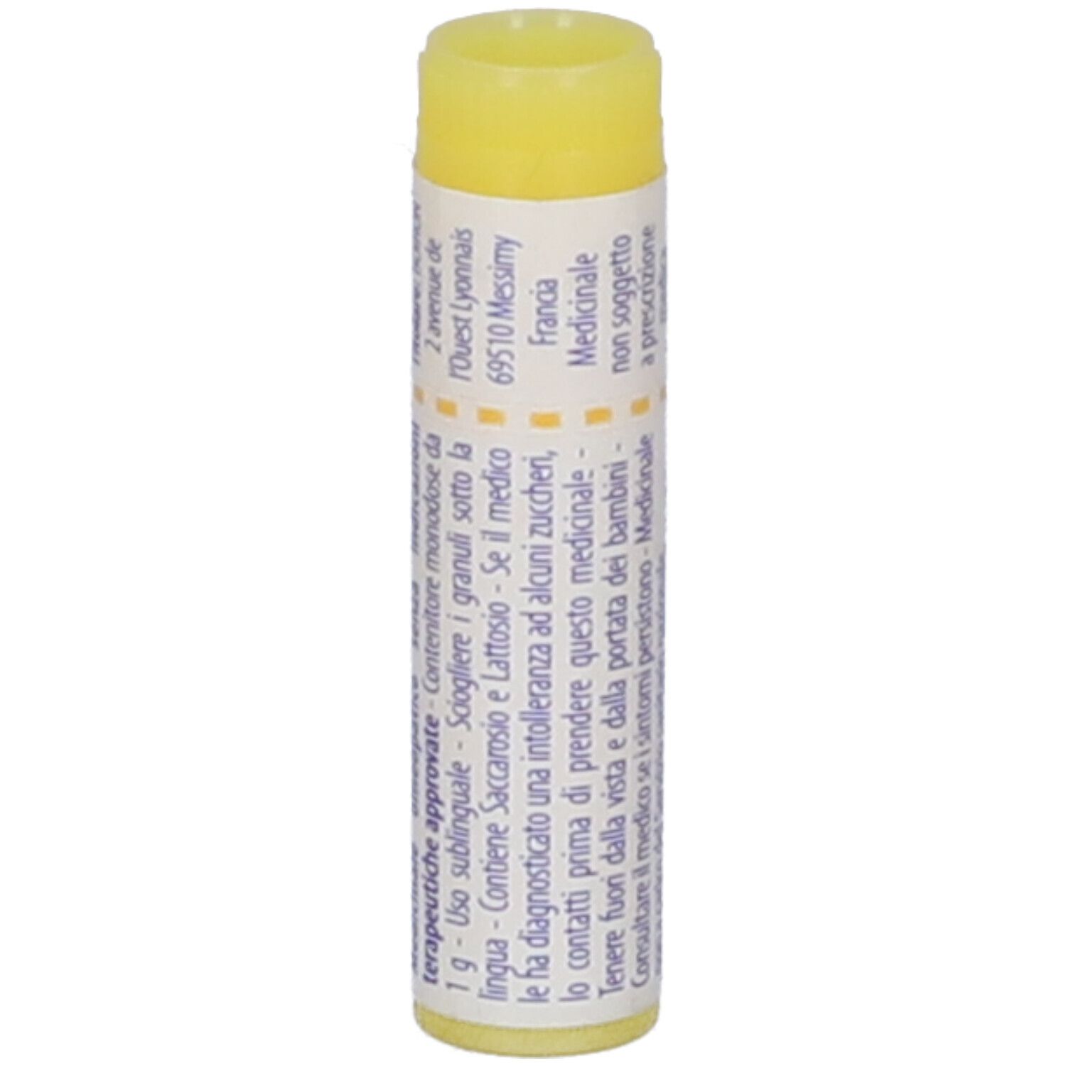 Confezione cilindrica con tappo giallo. Scritta: Ledum palustre, 1 mk, EXP 05/2026, codice a barre.