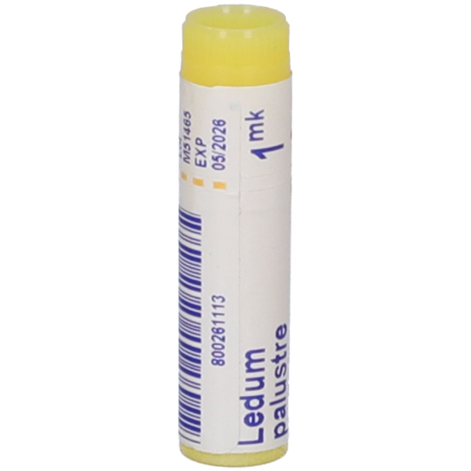 Confezione cilindrica con tappo giallo. Scritta: Ledum palustre, 1 mk, EXP 05/2026, BOIRON.