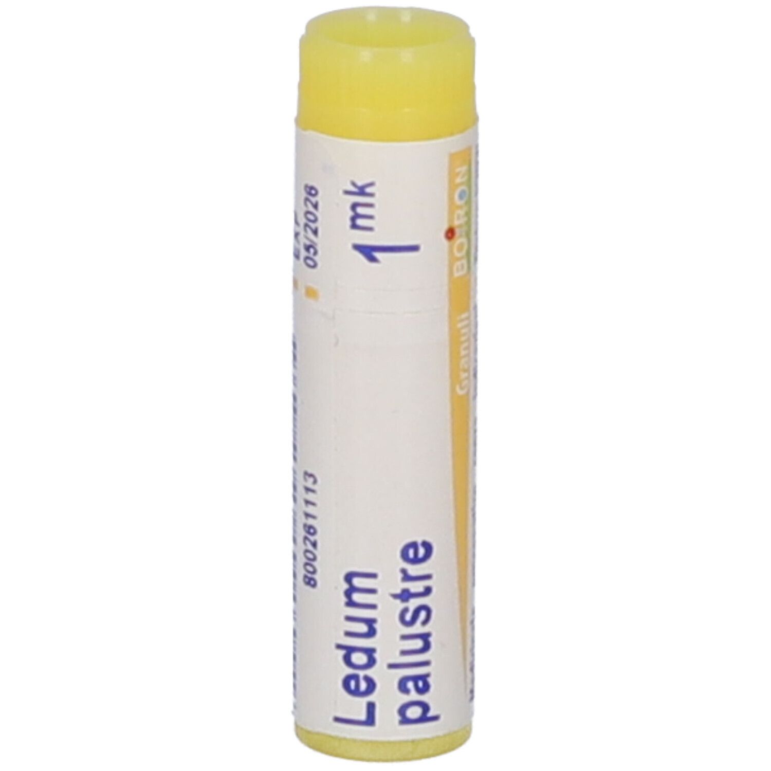 Confezione cilindrica con tappo giallo. Scritta: Ledum palustre, 1 mk, BOIRON, Granuli.